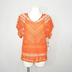 Laundry By Shelli Segal Orange Sheer Top W Tassles